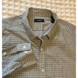Theory Mens Gray Plaid Button Up Shirt Size‎ Large Black White